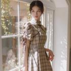 Short-sleeve Plaid Cut-out Midi A-line Qipao Dress
