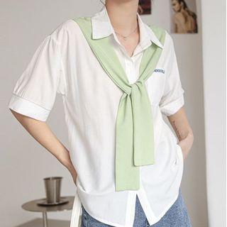 Mock Two-piece Elbow-sleeve Tie-front Shirt