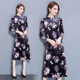 Floral Print Long Sleeve Velvet Midi Dress