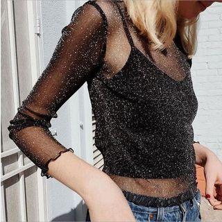 Long Sleeve Glittered Mesh Top