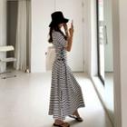 Lace-up Deep-slit Maxi Stripe Dress