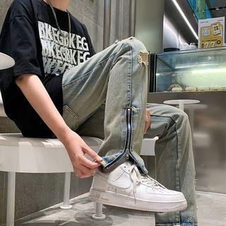 Washed Distressed Zip Straight Leg Jeans