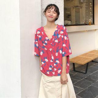 Flower Print Elbow-sleeve V-neck Blouse As Shown In Figure - One Size