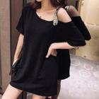 Elbow-sleeve Sequined Strap Cold Shoulder T-shirt