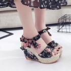 Floral Print Ankle-strap Platform Wedge-heel Sandals