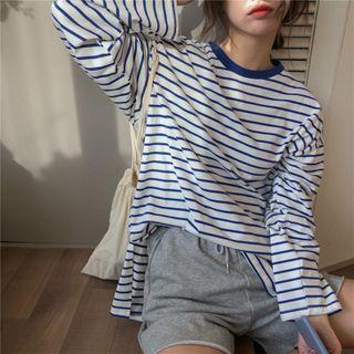 Long-sleeve Striped Cutout T-shirt Stripe - Blue - One Size