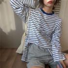 Long-sleeve Striped Cutout T-shirt Stripe - Blue - One Size