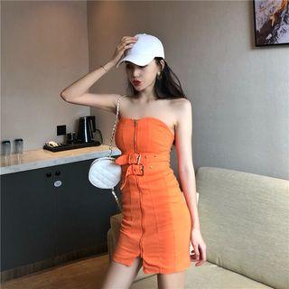 Zip-front Buckled Strapless Mini Sheath Dress