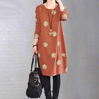 Long-sleeve Floral Print Midi Linen Dress