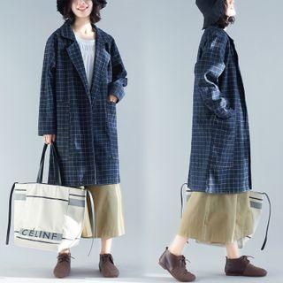 Notch Lapel Plaid Denim Coat Blue - One Size