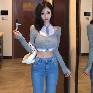 Mock Two-piece Cropped Long-sleeve T-shirt