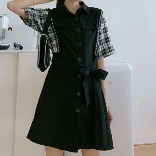 Plaid Panel Elbow-sleeve Mini A-line Dress
