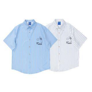 Short-sleeve Striped Cartoon Print Shirt