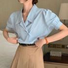 Puff-sleeve Double Breasted Plain Shirt Blue - One Size
