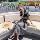 Short-sleeve Collared Gingham Midi A-line Dress