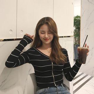Striped Long-sleeve V-neck Zip-up Top