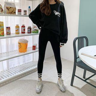 Set: Letter Print Top + Contrast-trim Leggings