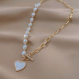 Heart Shell Pendant Faux Pearl Alloy Necklace Necklace - Shell - Love Heart - Faux Pearl - Gold & White - One Size