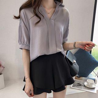 Elbow-sleeve Open-collar Blouse
