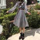 Long-sleeve Floral Print A-line Midi Pleated Dress