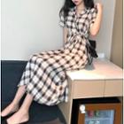 Plaid Tie-waist Short-sleeve A-line Dress As Shown In Figure - One Size