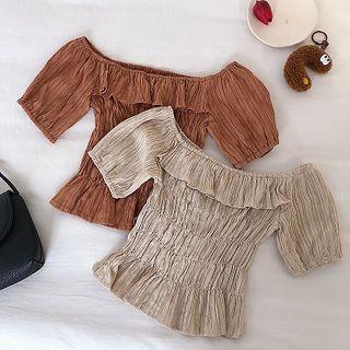 Plain Off-shoulder Ruffled-trim Frilled Short-sleeve Blouse