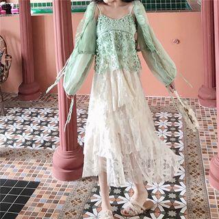 Long-sleeve Ruffled Drawstring Cardigan / Crochet Camisole / Pleated Layered Crochet Maxi Skirt