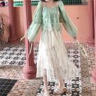 Long-sleeve Ruffled Drawstring Cardigan / Crochet Camisole / Pleated Layered Crochet Maxi Skirt