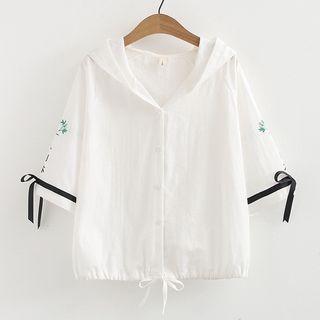 Hooded Elbow-sleeve Blouse White - One Size