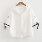 Hooded Elbow-sleeve Blouse White - One Size
