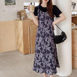 Spaghetti Strap Tie Dye Midi Dress / Short-sleeve Plain T-shirt / Set