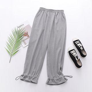 Plaid Drawstring-cuff Cropped Pants Houndstooth - Blue - One Size