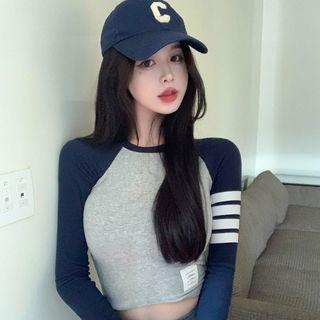 Two-tone Panel Cropped Top Gray & Blue - One Size