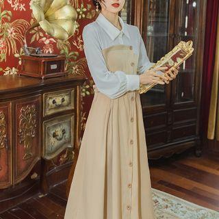 Belted Two-tone Midi A-line Shirtdress