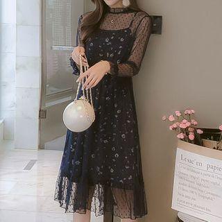 Long-sleeve Dotted Mesh Floral A-line Midi Dress