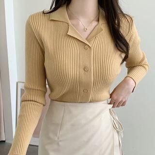 Notch Lapel Button-up Ribbed Knit Top