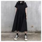 Short-sleeve Frill Trim Midi Dress Black - One Size