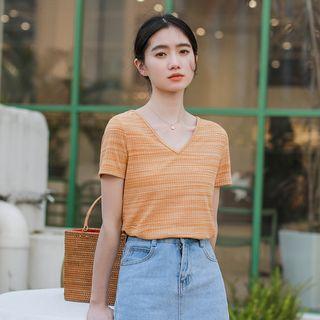 V-neck Short-sleeve T-shirt Yellow - One Size