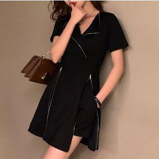 Set: Zip Detail Short-sleeve A-line Dress + Shorts