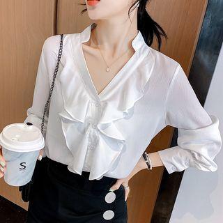 Ruffle-neck V-neck Blouse