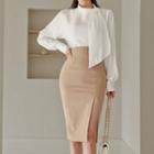 Set: Long-sleeve Tie-neck Blouse + High-waist Fitted Skirt