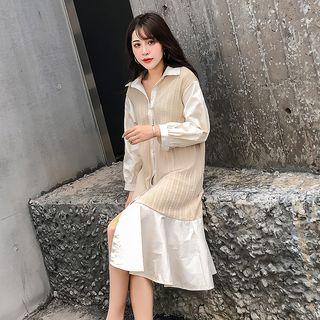 Long-sleeve Knit Panel Midi A-line Shirtdress
