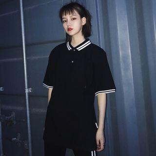 Stripe Trim Elbow-sleeve Polo Shirt