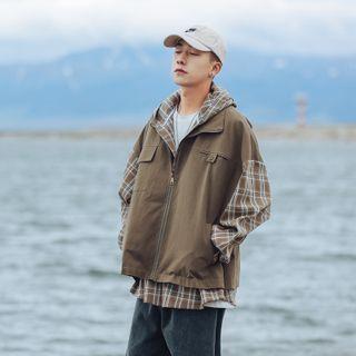 Mock Two-piece Hooded Plaid Panel Zip Jacket