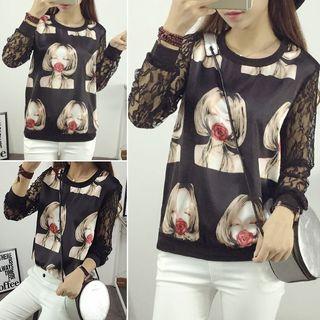 Lace-sleeve Printed Top