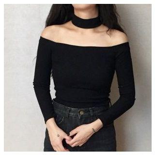 Plain Halter Long-sleeve Top