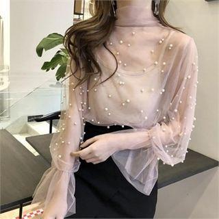 Tie-neck Faux-pearl Trim Sheer Mesh Top