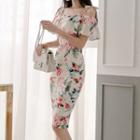 Set: Short-sleeve Cold Shoulder Floral Print Blouse + Midi Fitted Skirt