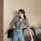 Contrast Color Short-sleeve Cropped Knit Cardigan As Shown In Figure - One Size