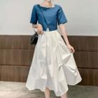 Set: Short Sleeve Square Neck Slit-hem Cropped T-shirt + Ruched Midi A-line Skirt